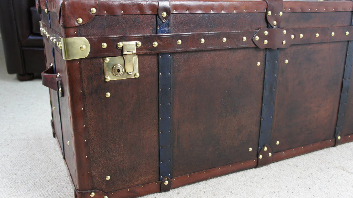 Vintage Storage Trunk Coffee Table | Antique Leather Top | Handmade England