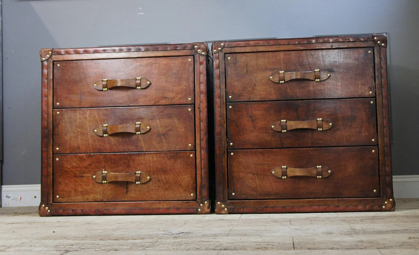 Leather Vintage Bedside Cabinet Pair, English Country House Master Bedroom, Nightstands Handmade Set
