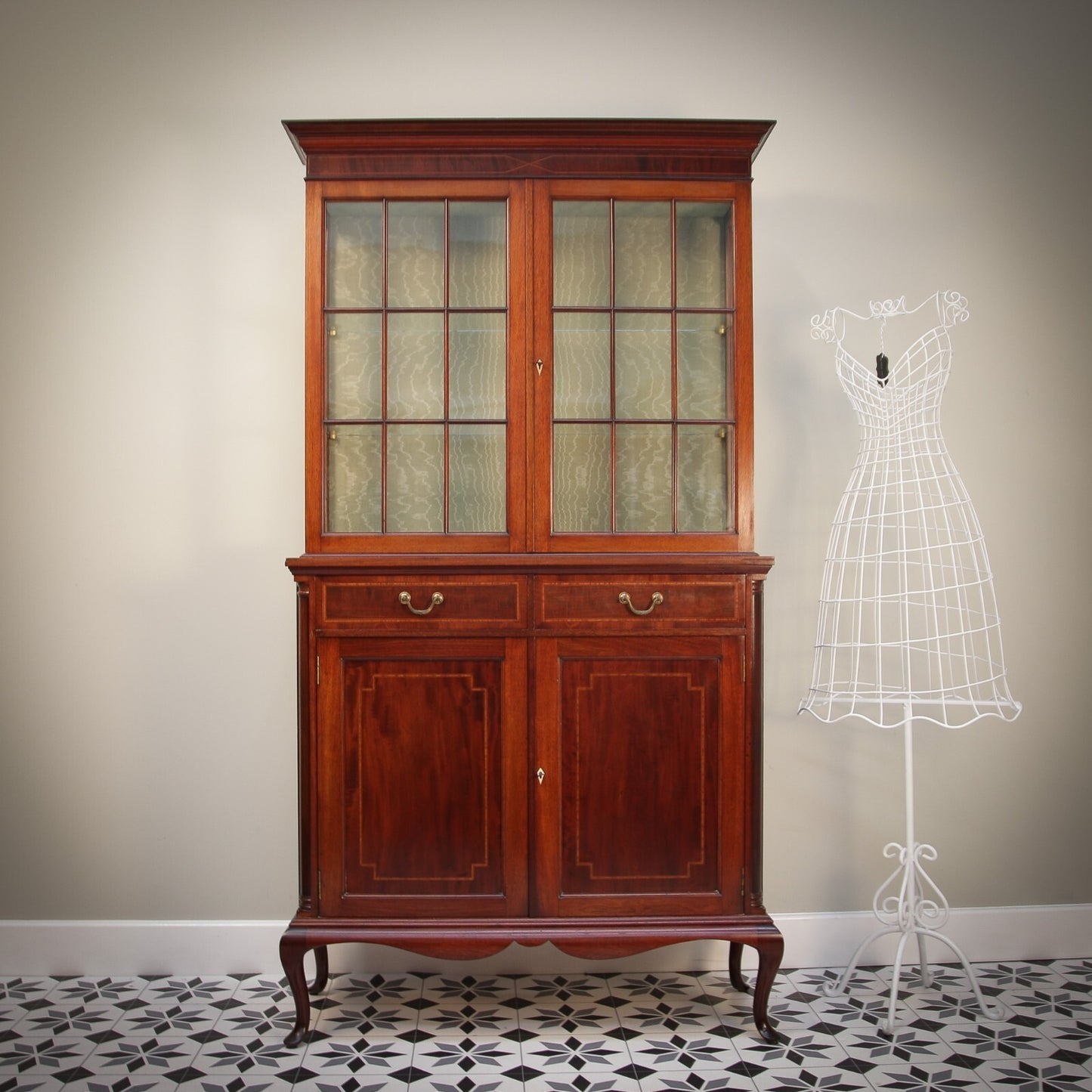 Vintage Bookcase Edwardian Inlaid Mahogany on Cabriole legs Display Cabinet