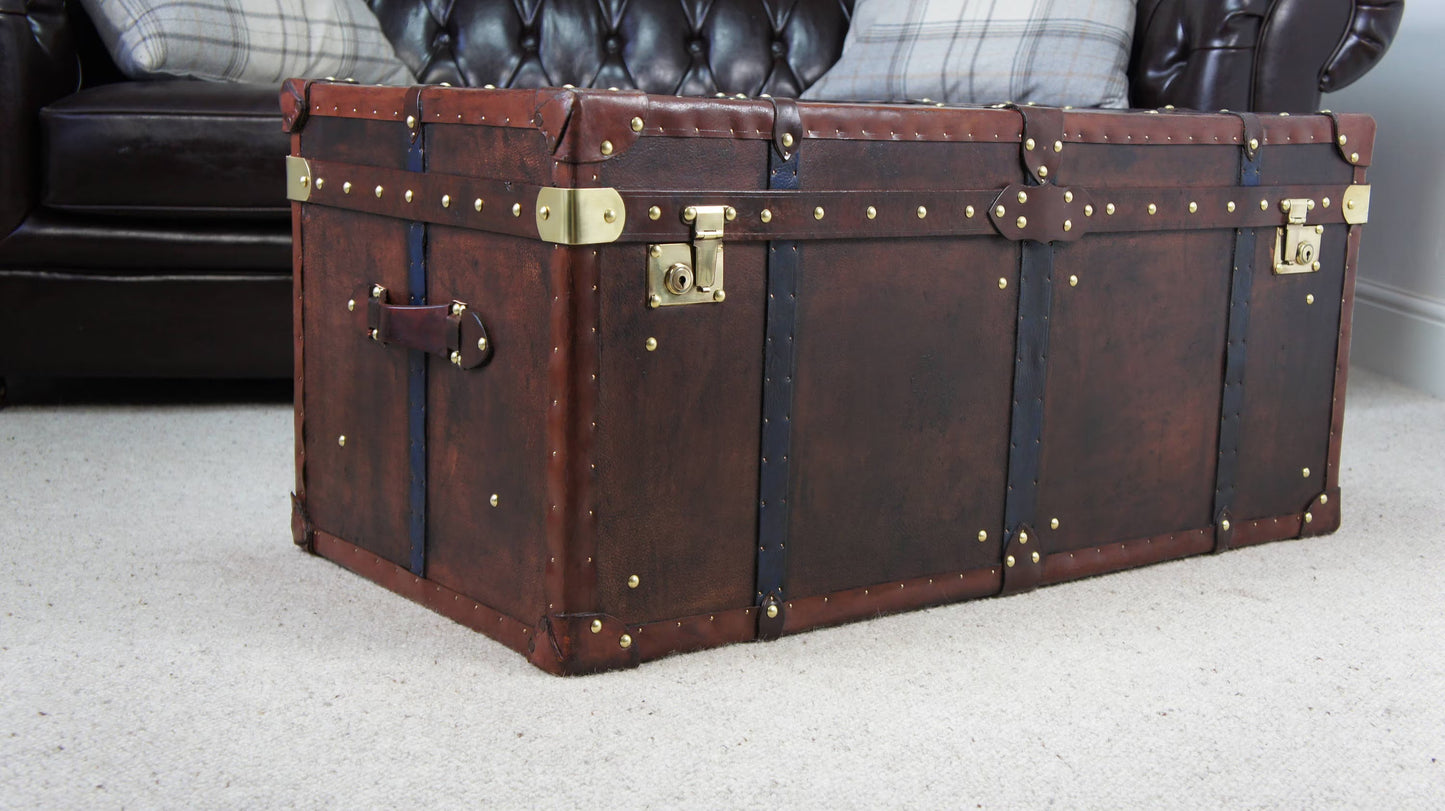 Vintage Storage Trunk Coffee Table | Antique Leather Top | Handmade England