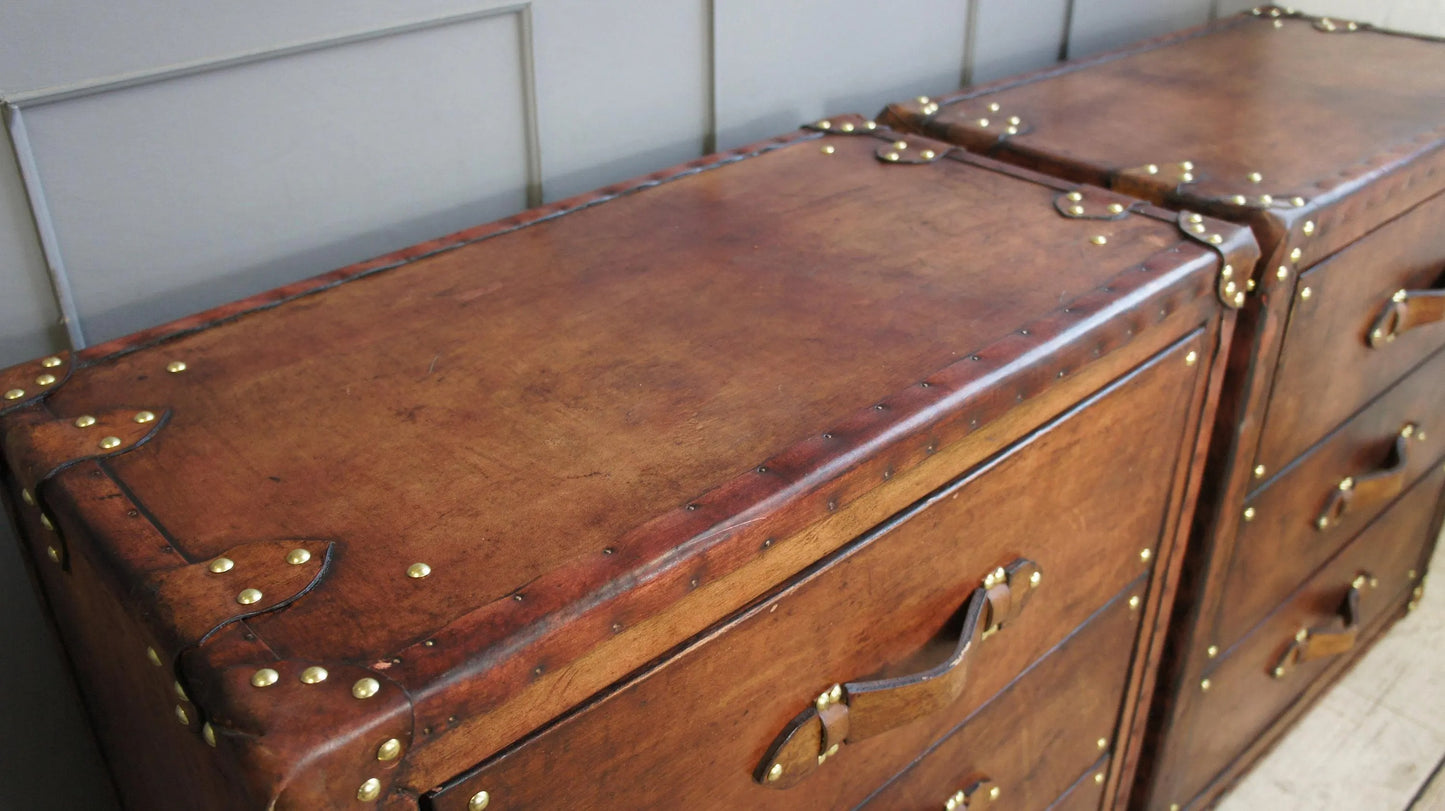 Leather Vintage Bedside Cabinet Pair, English Country House Master Bedroom, Nightstands Handmade Set