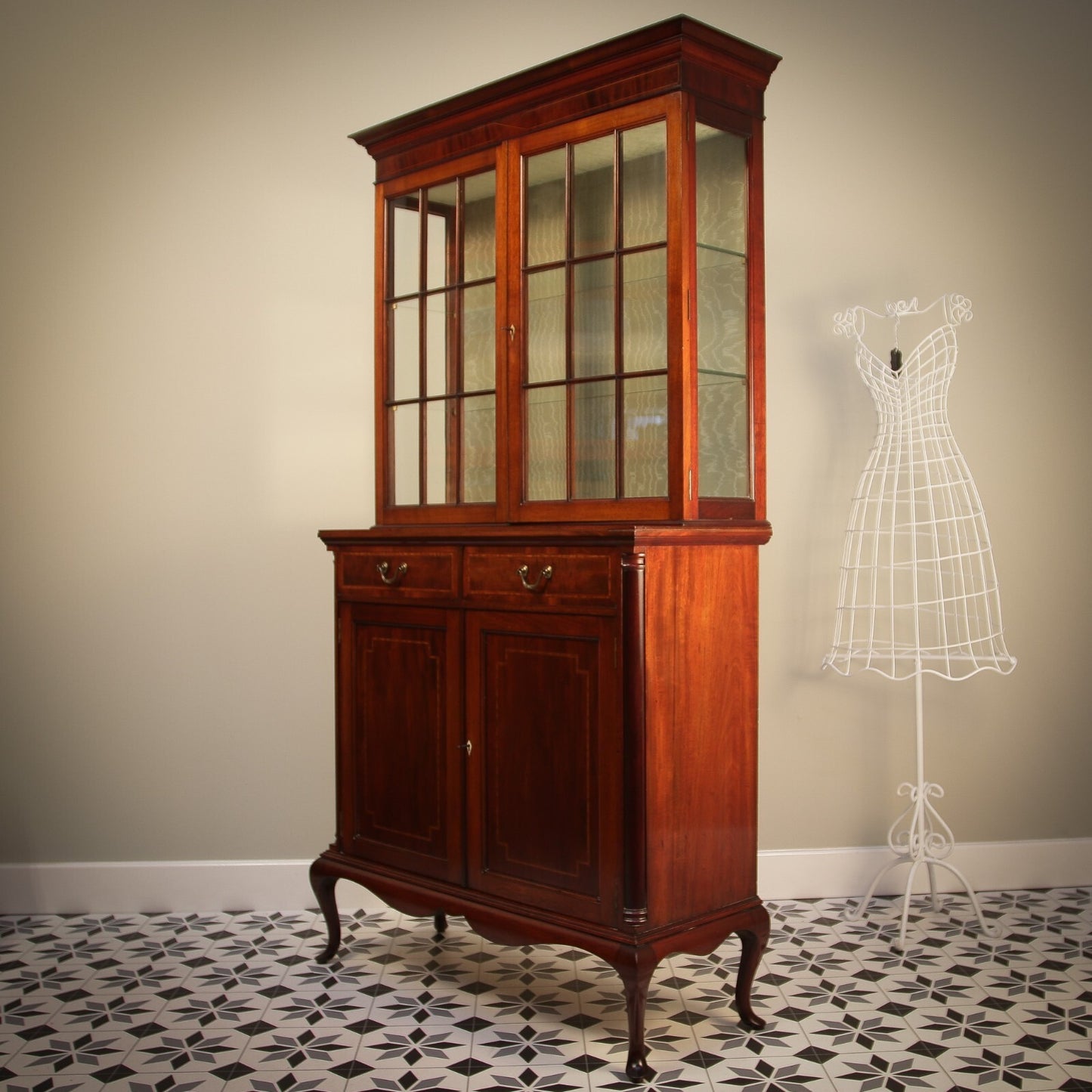 Vintage Bookcase Edwardian Inlaid Mahogany on Cabriole legs Display Cabinet