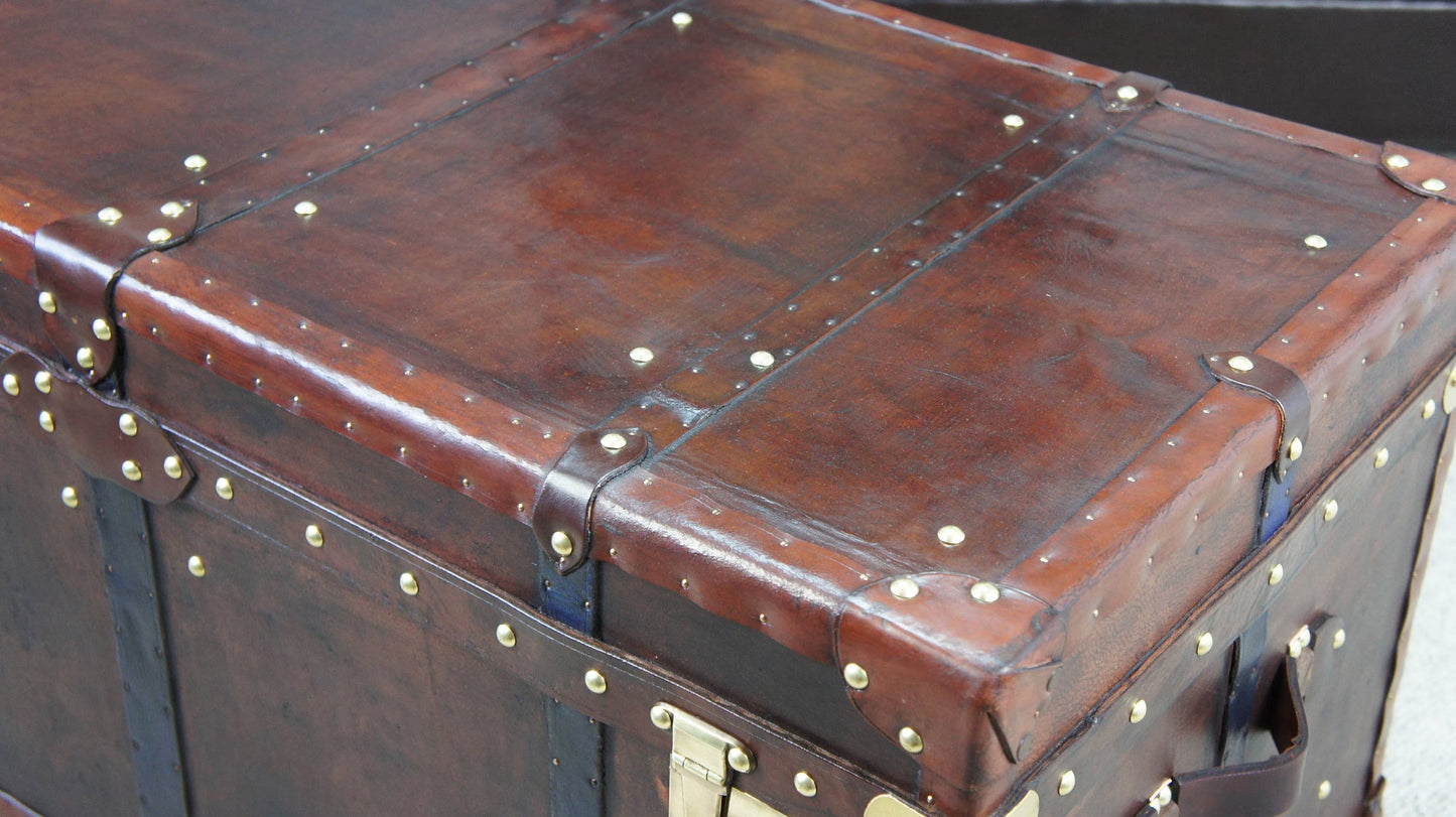 Vintage Storage Trunk Coffee Table | Antique Leather Top | Handmade England