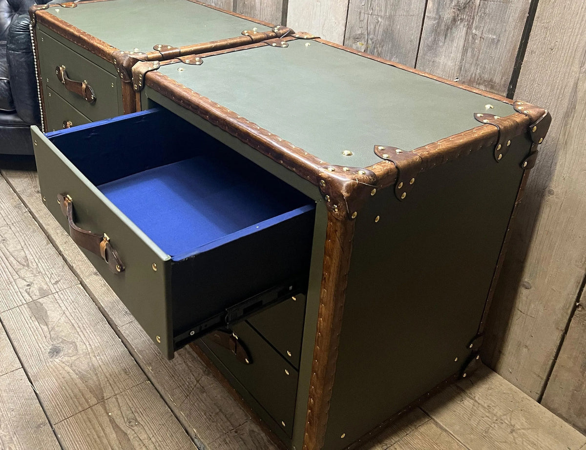 Green Olive Vintage Nightstand Cabinets: Luxury Handcrafted English Bedroom Storage Tables