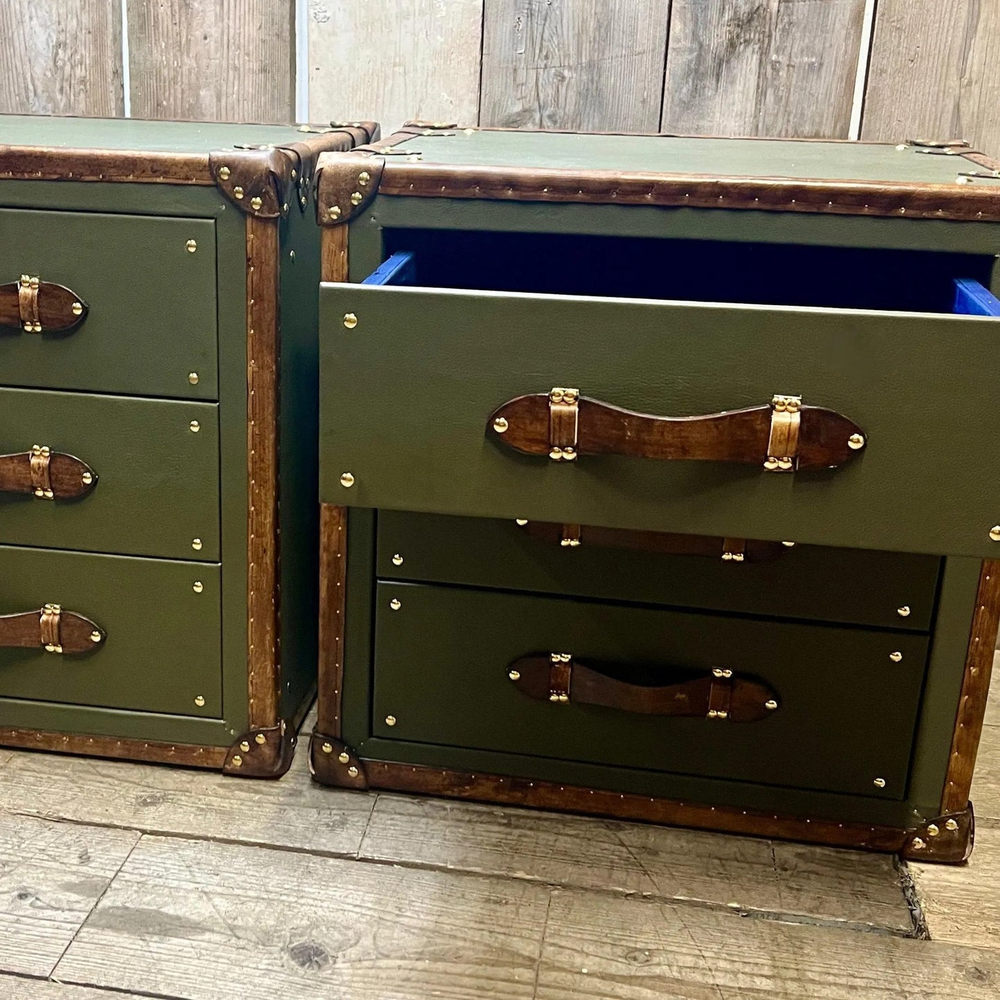 Green Olive Vintage Nightstand Cabinets: Luxury Handcrafted English Bedroom Storage Tables