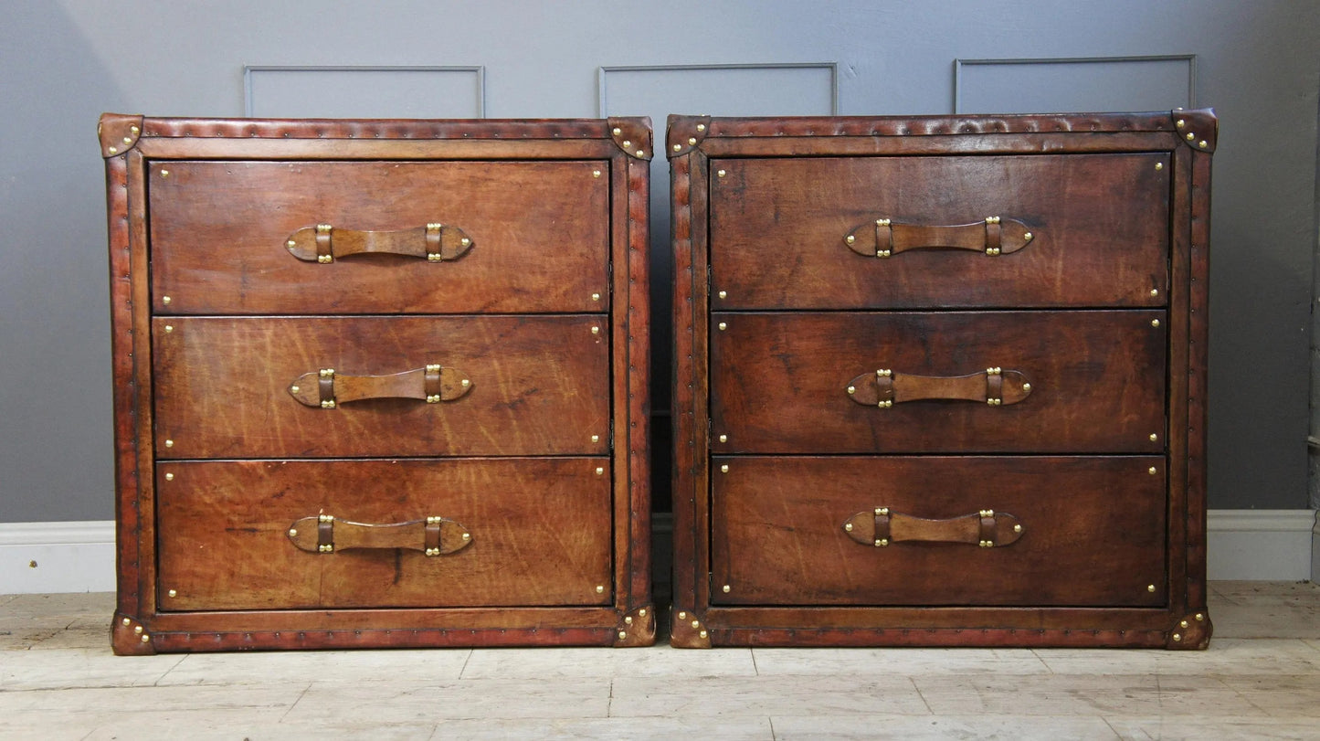 Leather Vintage Bedside Cabinet Pair, English Country House Master Bedroom, Nightstands Handmade Set