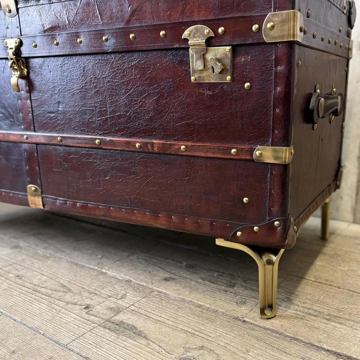 English handmade luxury leather storage trunk - custom made reclaimed leather - bespoke chest
