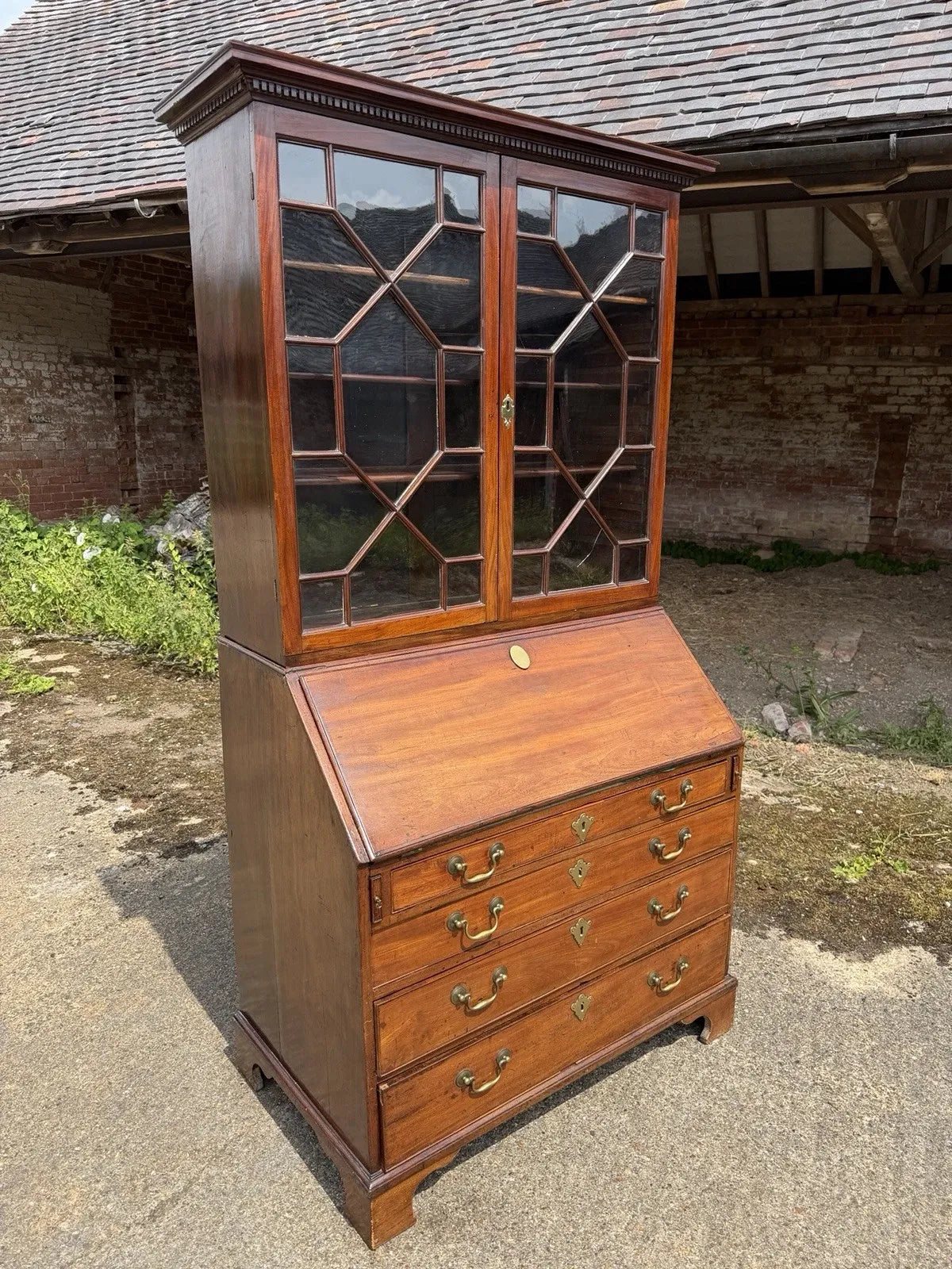 Vintage Georgian Mahogany Glazed Bureau Bookcase Chest of Drawers Writing Desk