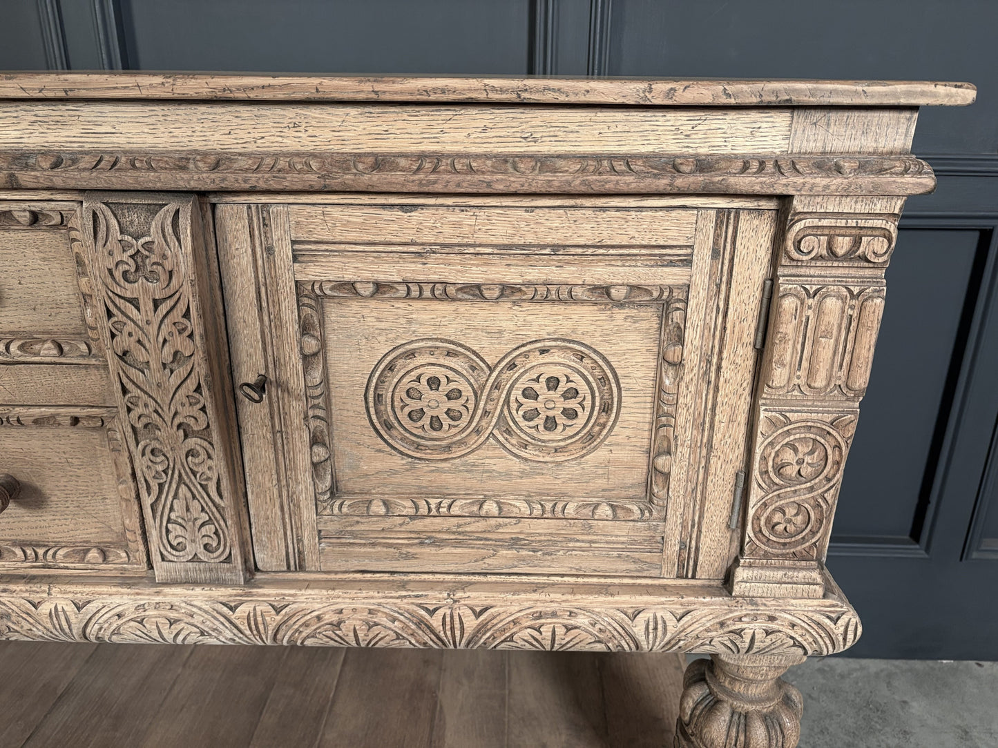 Carved Bleached Antique Oak Carved Sideboard
