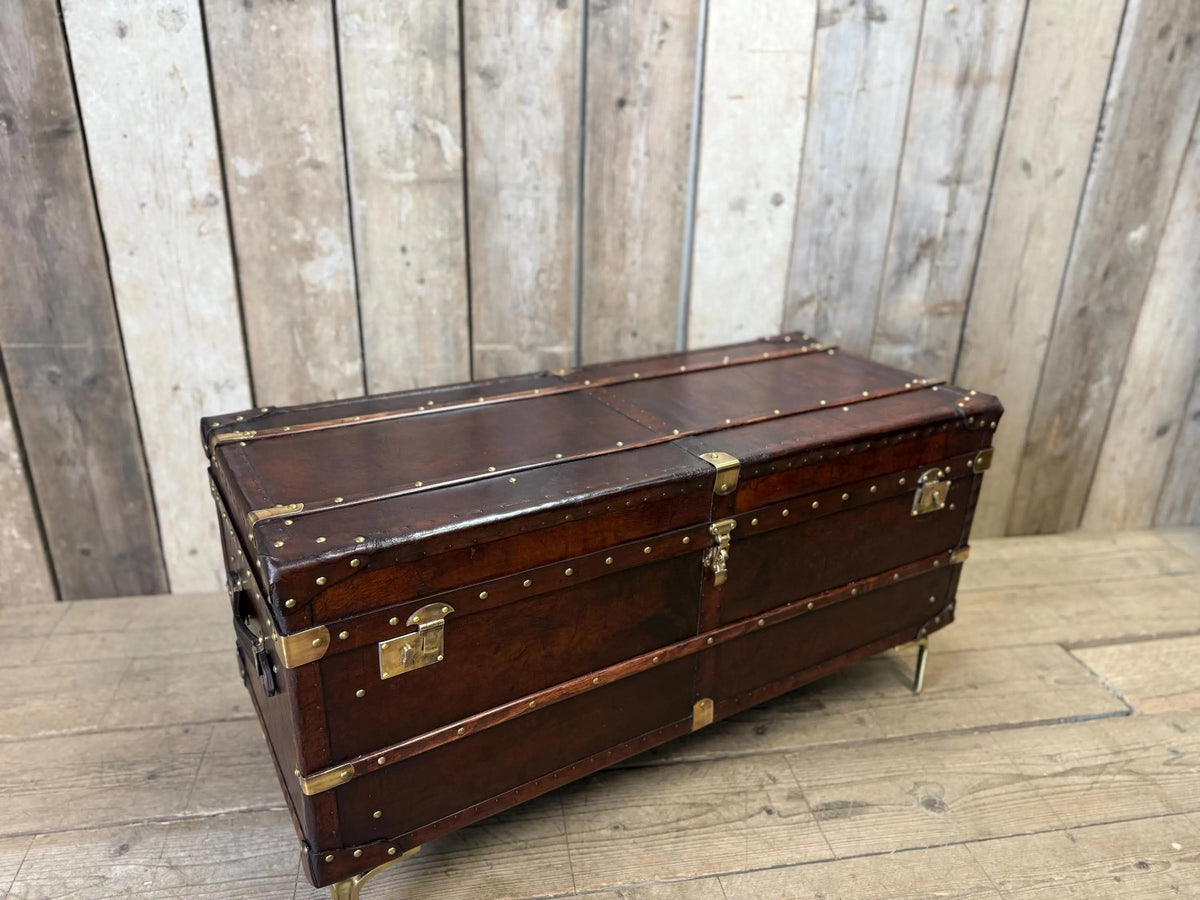 English handmade luxury leather storage trunk - custom made reclaimed leather - bespoke chest