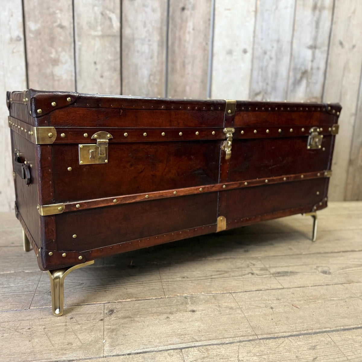 English handmade luxury leather storage trunk - custom made reclaimed leather - bespoke chest