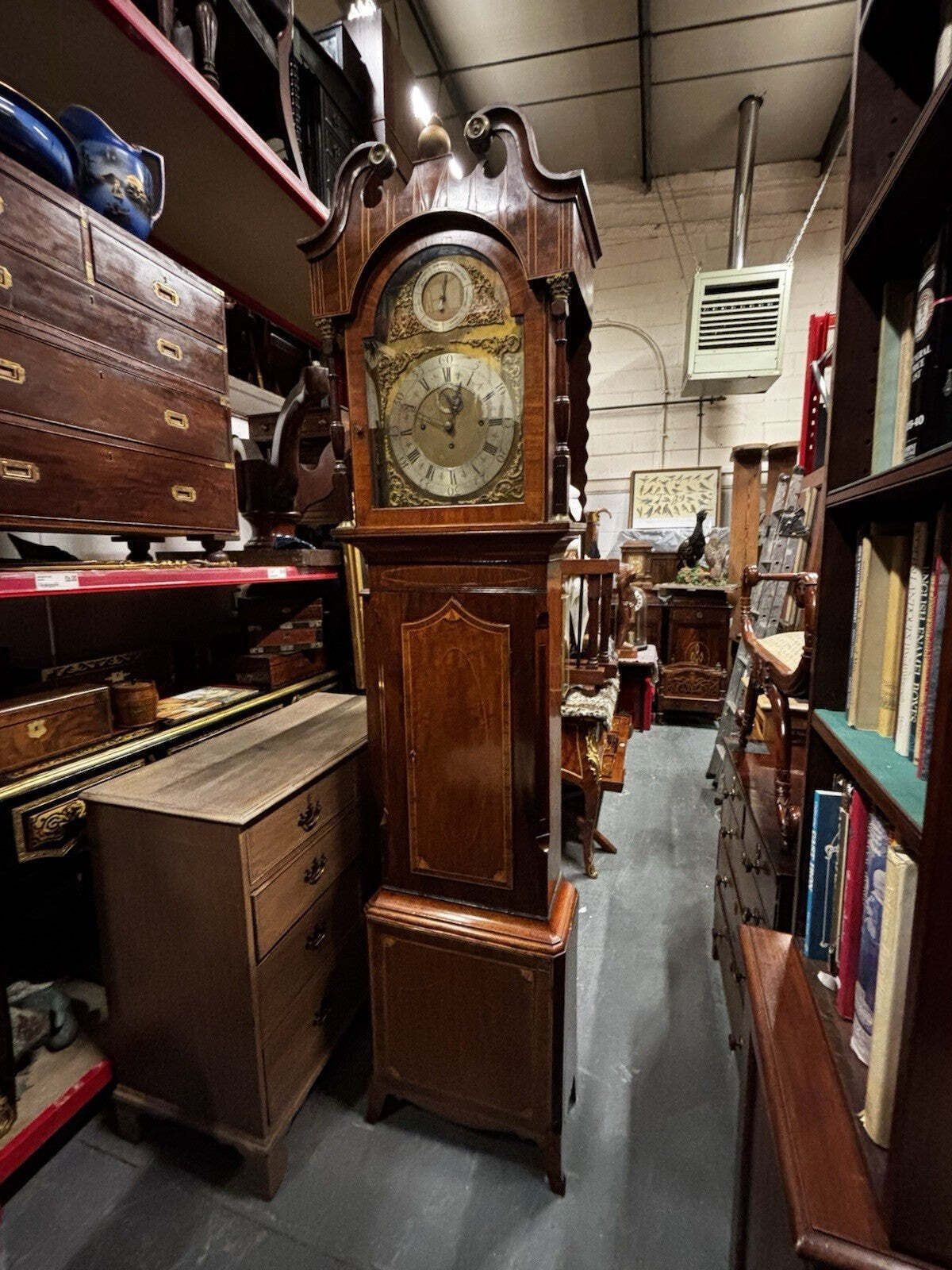 Antique Marquetry Inlaid 3 Weight Musical Longcase Clock, Brass Dial, Superb.