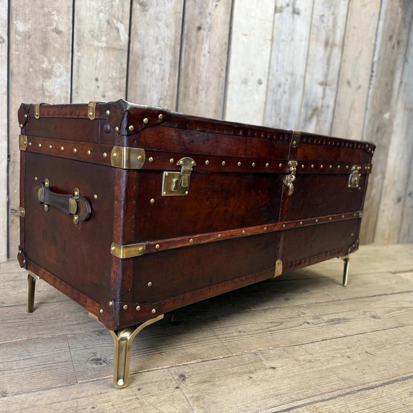 English handmade luxury leather storage trunk - custom made reclaimed leather - bespoke chest