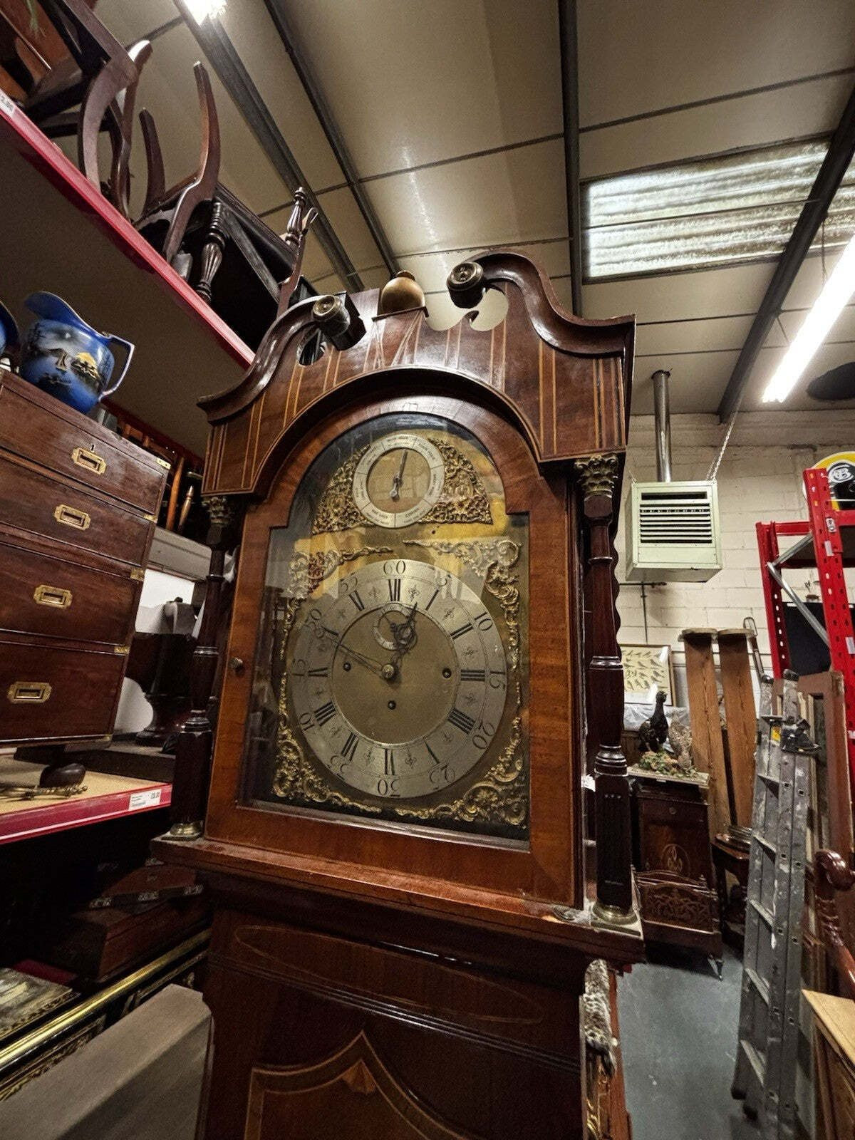 Antique Marquetry Inlaid 3 Weight Musical Longcase Clock, Brass Dial, Superb.