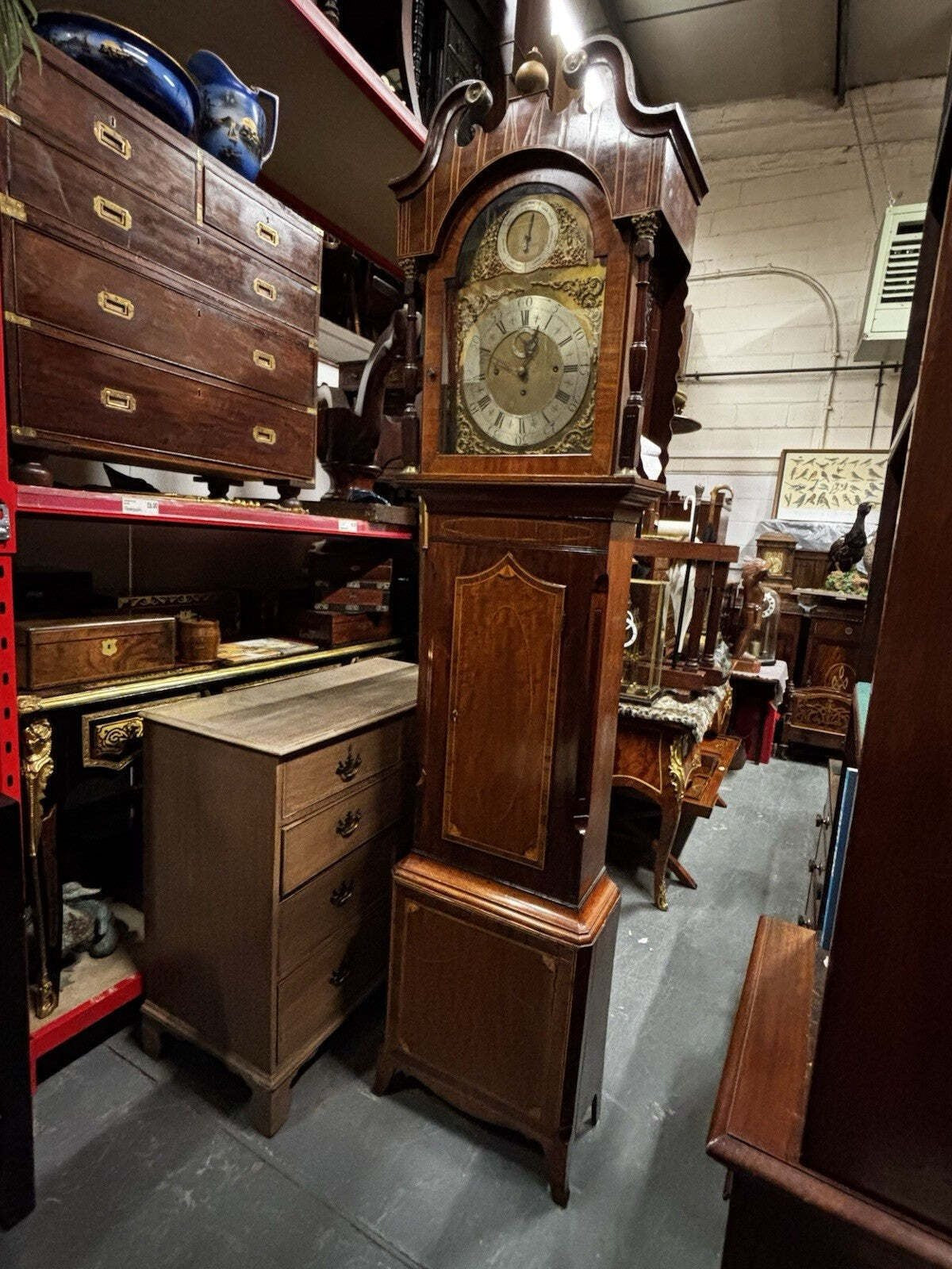 Antique Marquetry Inlaid 3 Weight Musical Longcase Clock, Brass Dial, Superb.