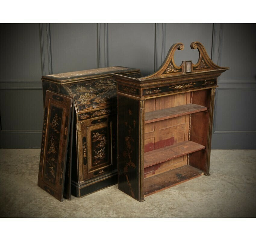 Magnificent Early 19th Century Chinoiserie Black Lacquered Bureau Bookcase