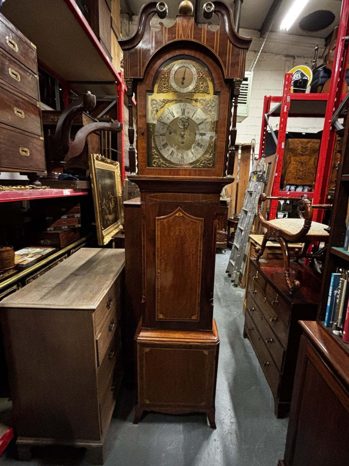 Antique Marquetry Inlaid 3 Weight Musical Longcase Clock, Brass Dial, Superb.