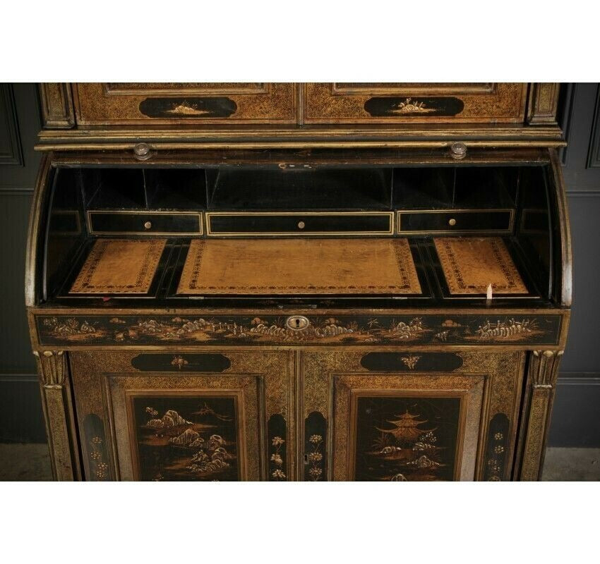 Magnificent Early 19th Century Chinoiserie Black Lacquered Bureau Bookcase