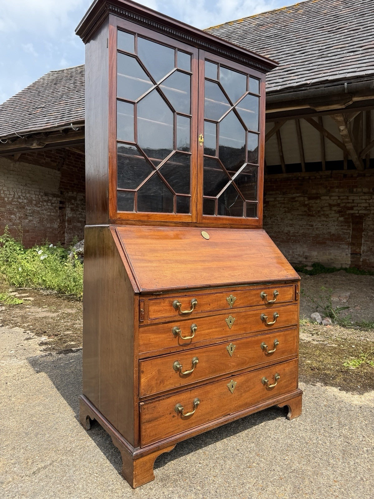 Vintage Georgian Mahogany Glazed Bureau Bookcase Chest of Drawers Writing Desk