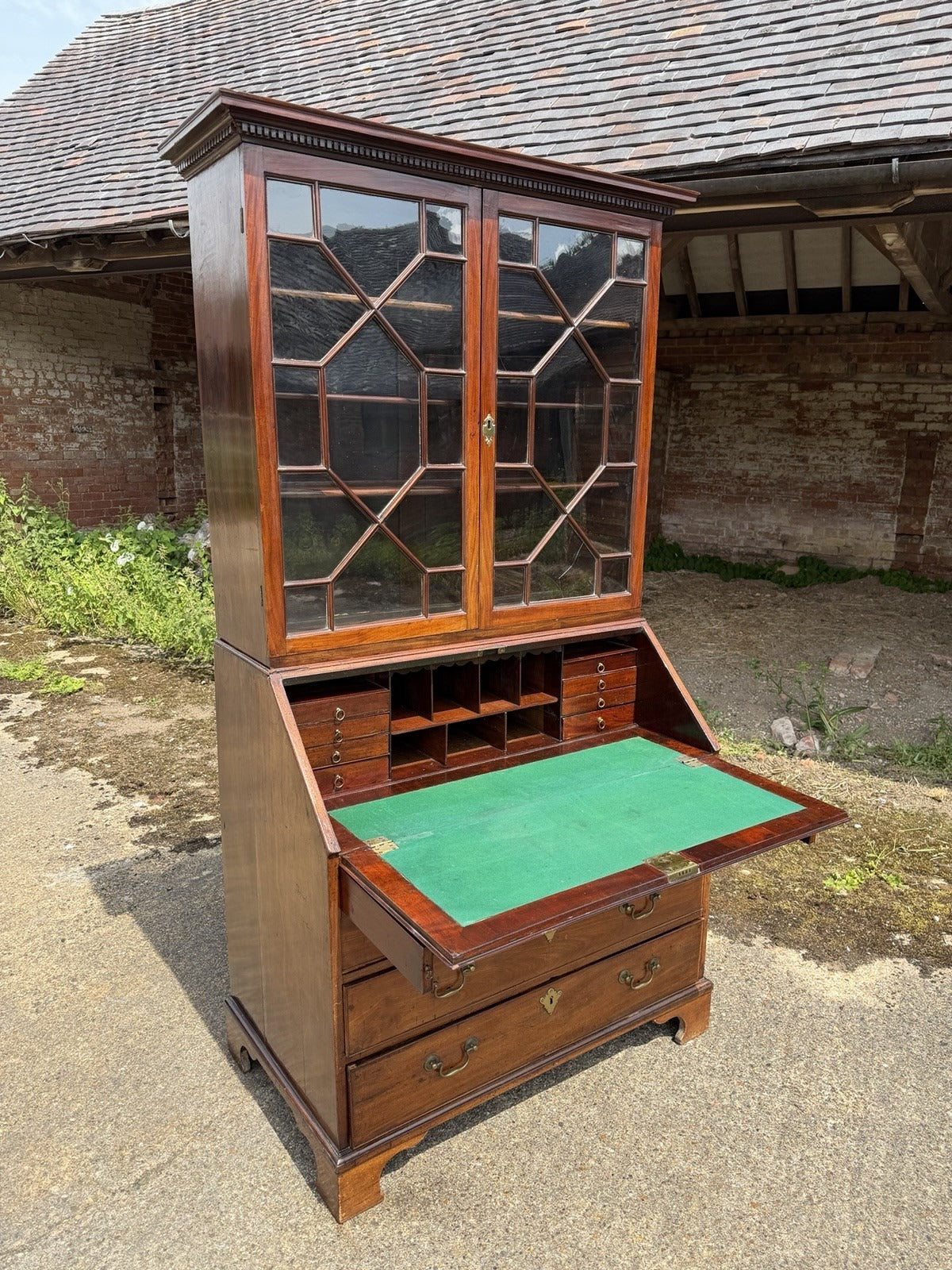Vintage Georgian Mahogany Glazed Bureau Bookcase Chest of Drawers Writing Desk