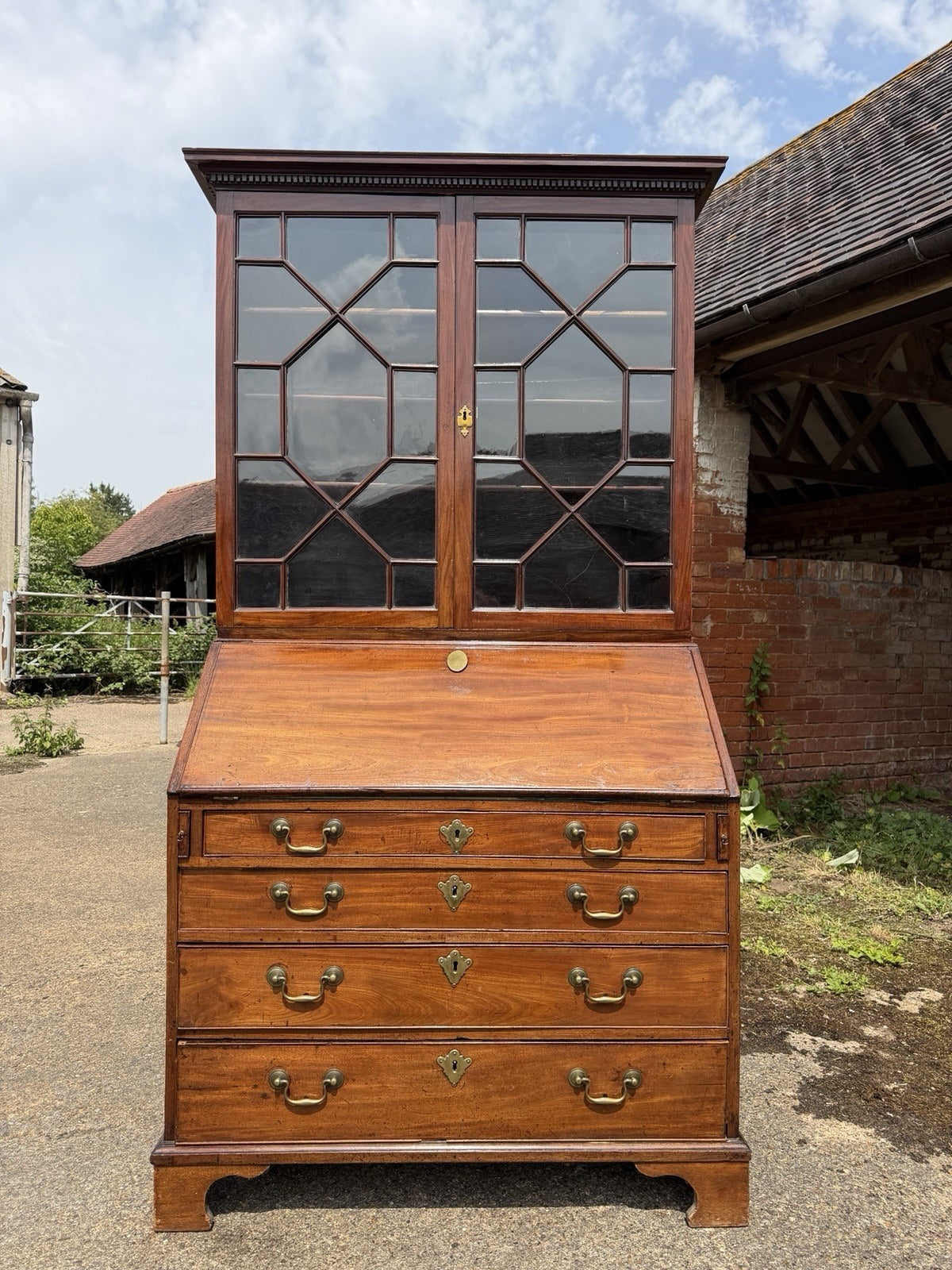 Vintage Georgian Mahogany Glazed Bureau Bookcase Chest of Drawers Writing Desk