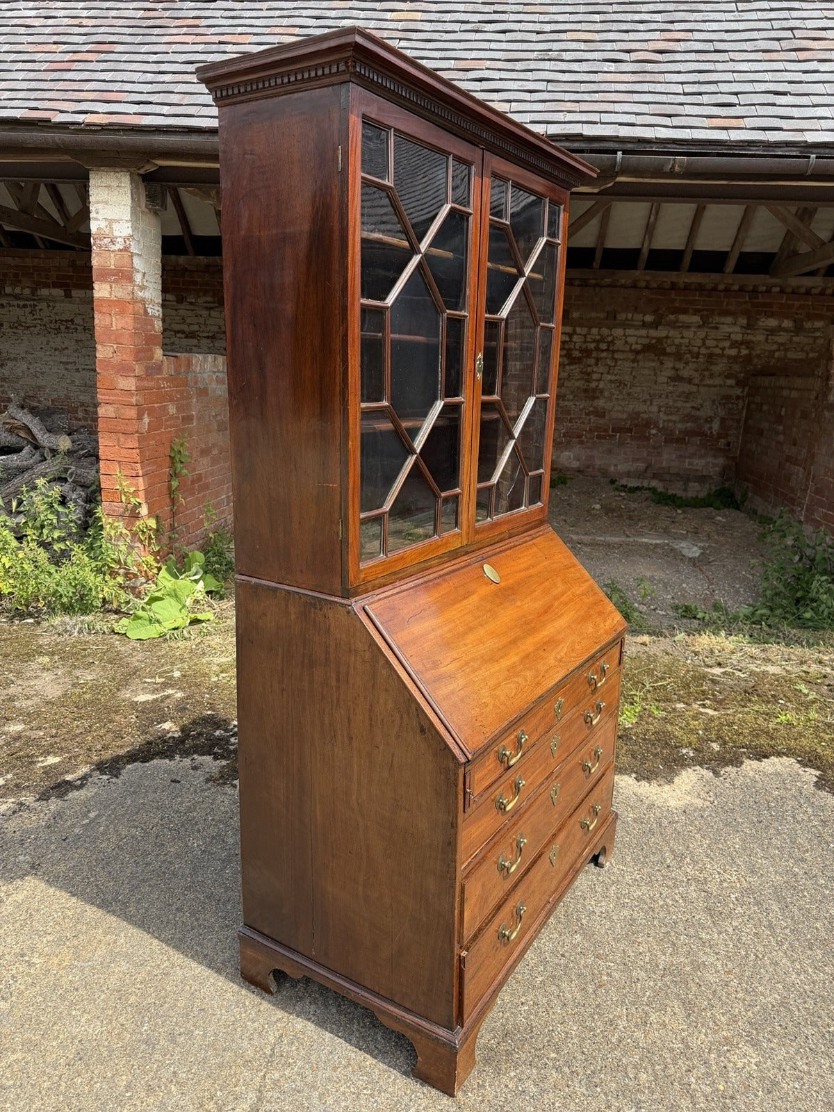 Vintage Georgian Mahogany Glazed Bureau Bookcase Chest of Drawers Writing Desk