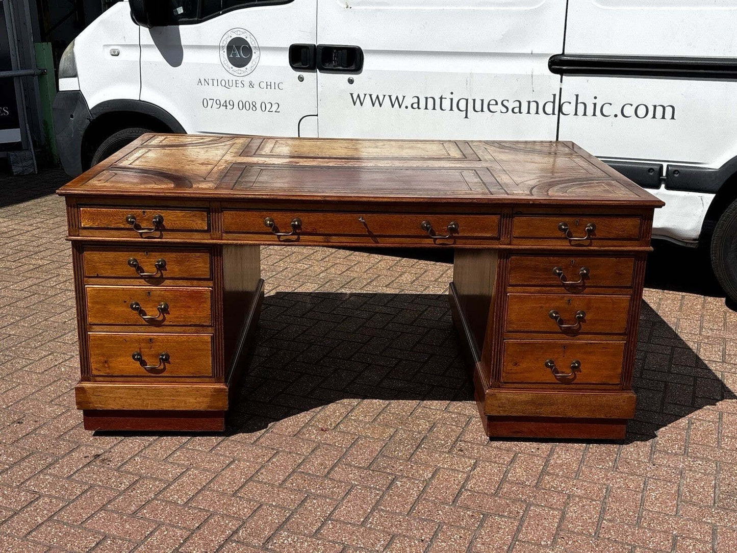 Large Vintage Victorian Mahogany Partners Pedestal Desk, Drawers And Cupboards