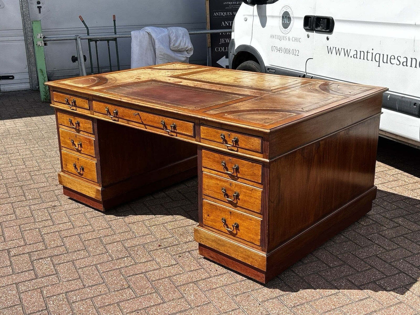Large Vintage Victorian Mahogany Partners Pedestal Desk, Drawers And Cupboards