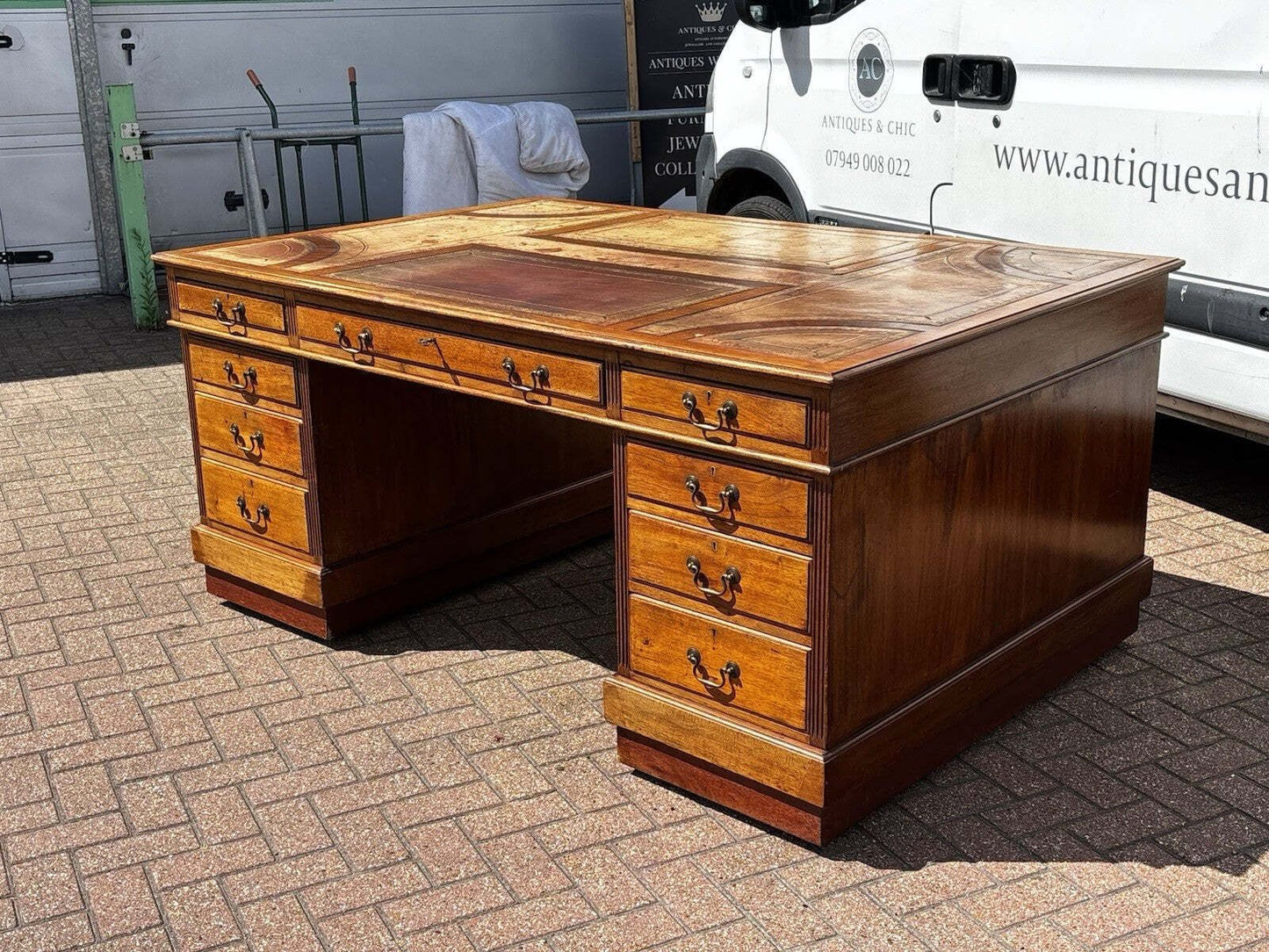 Large Vintage Victorian Mahogany Partners Pedestal Desk, Drawers And Cupboards