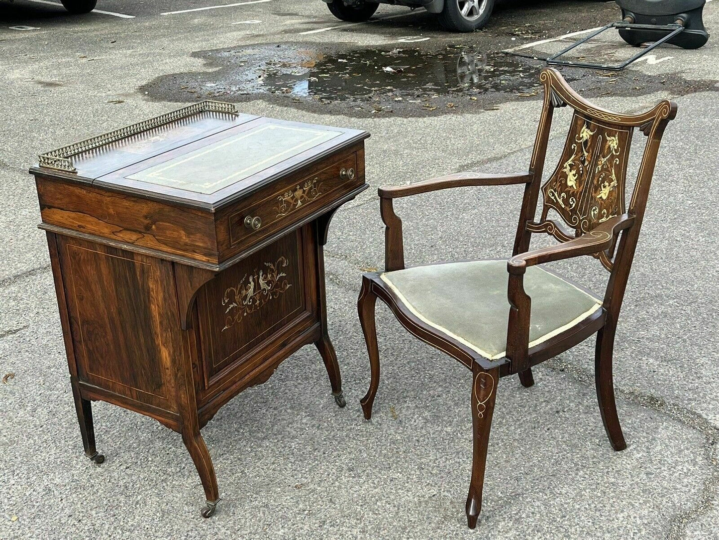 Vintage English Victorian Rosewood Davenport Desk & Chair, Possibly By James Shoolbred.