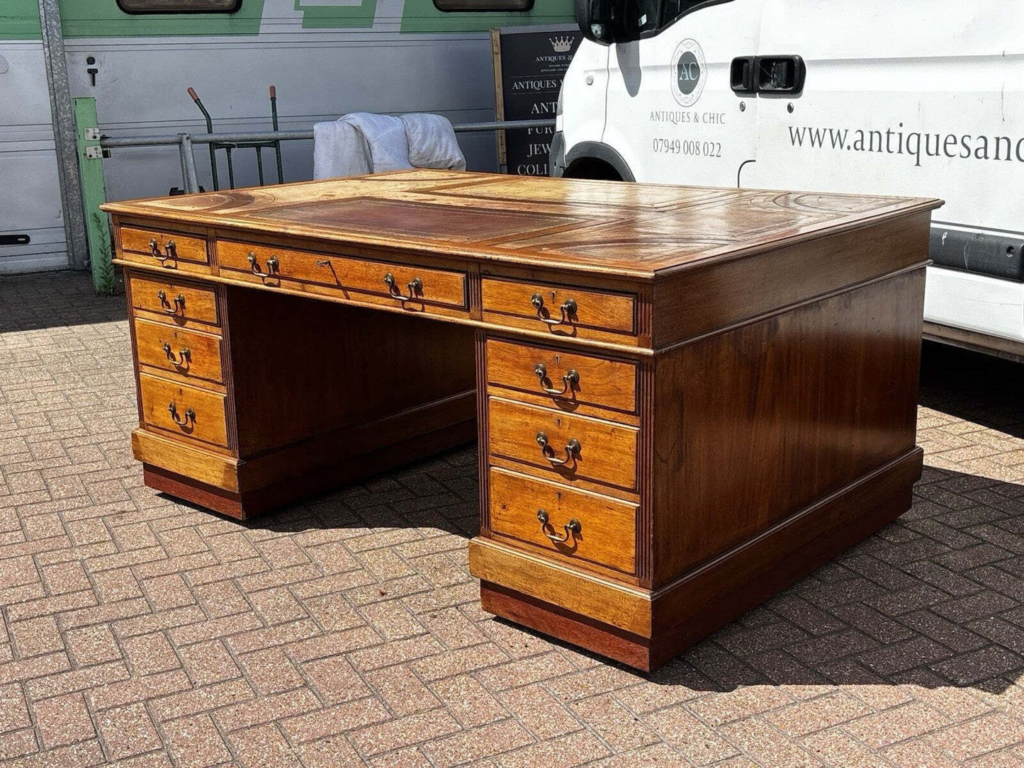 Large Vintage Victorian Mahogany Partners Pedestal Desk, Drawers And Cupboards