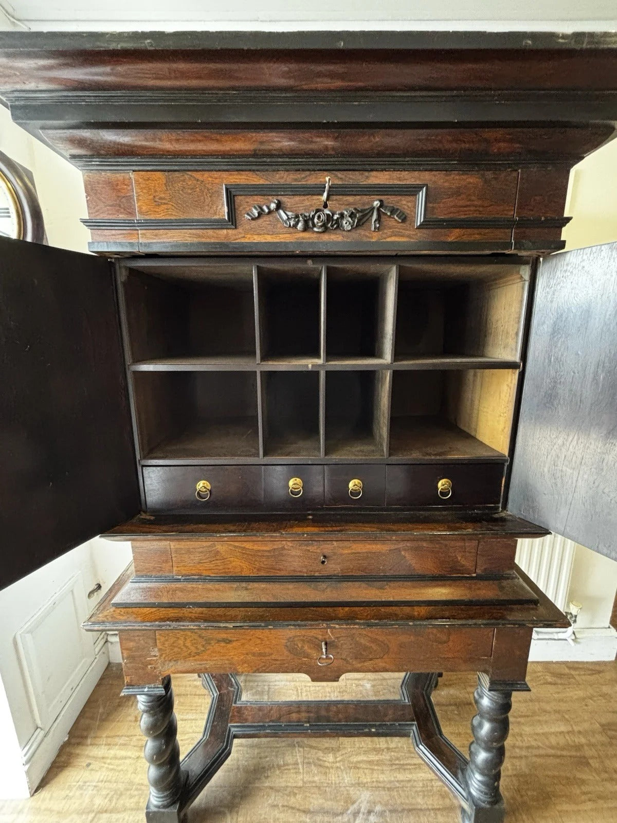 Early 18thC Gothic Antique Cabinet On Stand, Lots Of Drawers, Fitted Interior & Pigeon Holes