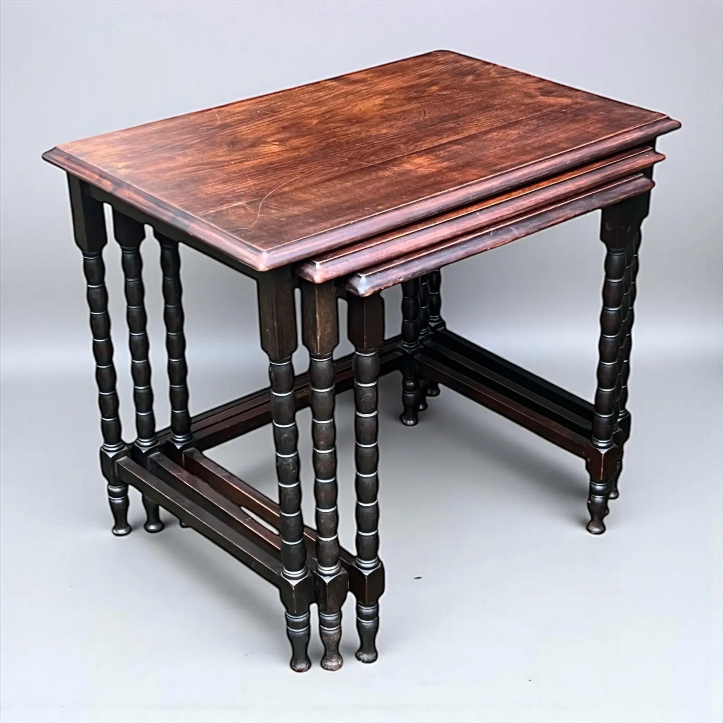 Antique early 20th century Ebonised Oak Bobbin nest of tables