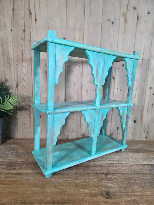 Blue Vintage Reclaimed Solid Wooded Arched Temple Wall Display Shelf Shelves