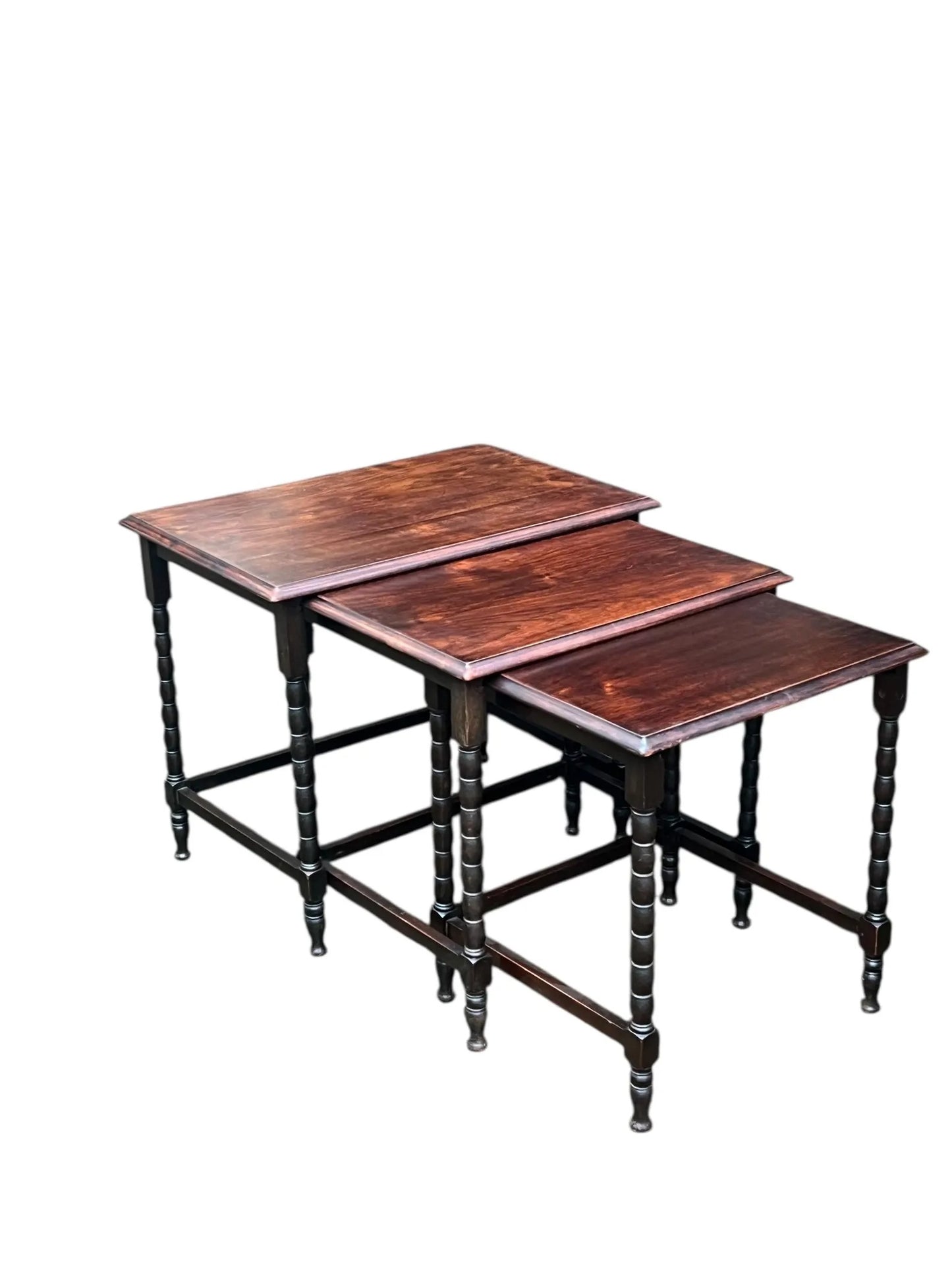 Antique early 20th century Ebonised Oak Bobbin nest of tables