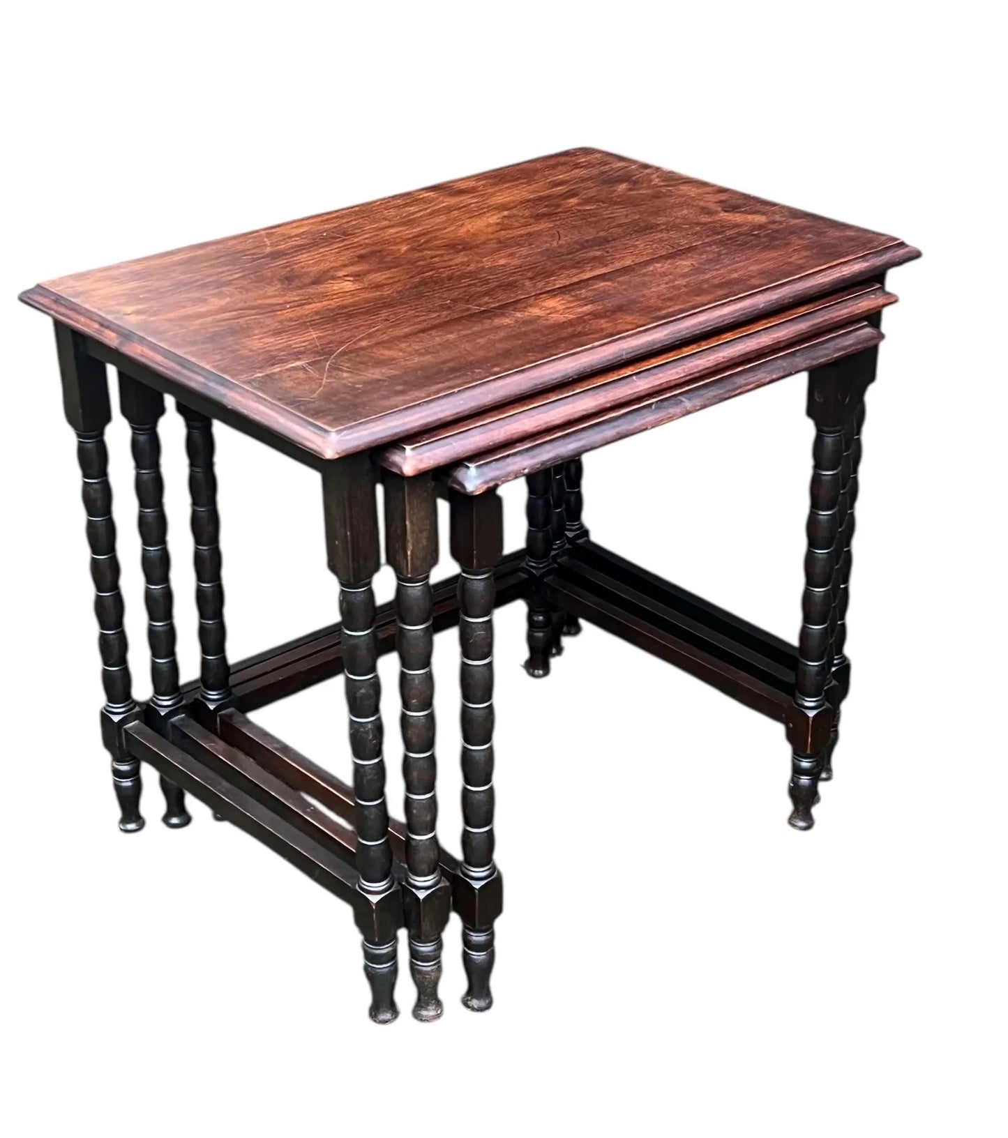 Antique early 20th century Ebonised Oak Bobbin nest of tables