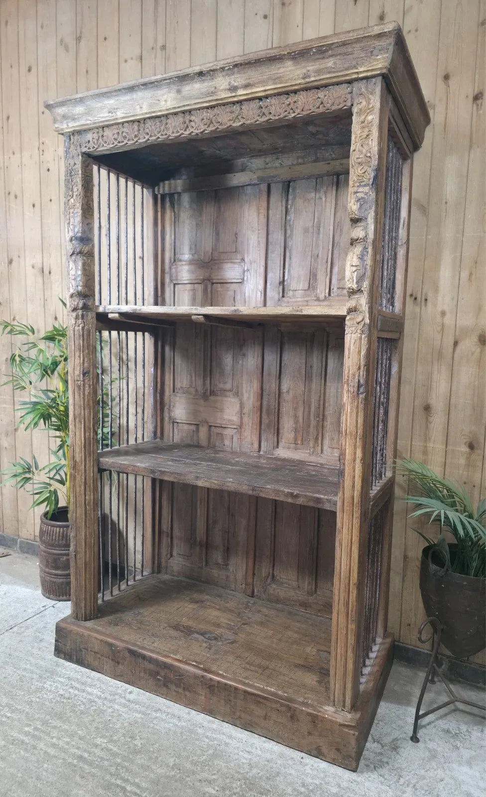 Large Vintage Reclaimed Rustic Carved Indian Solid Wooden Bookcase Shelving Unit