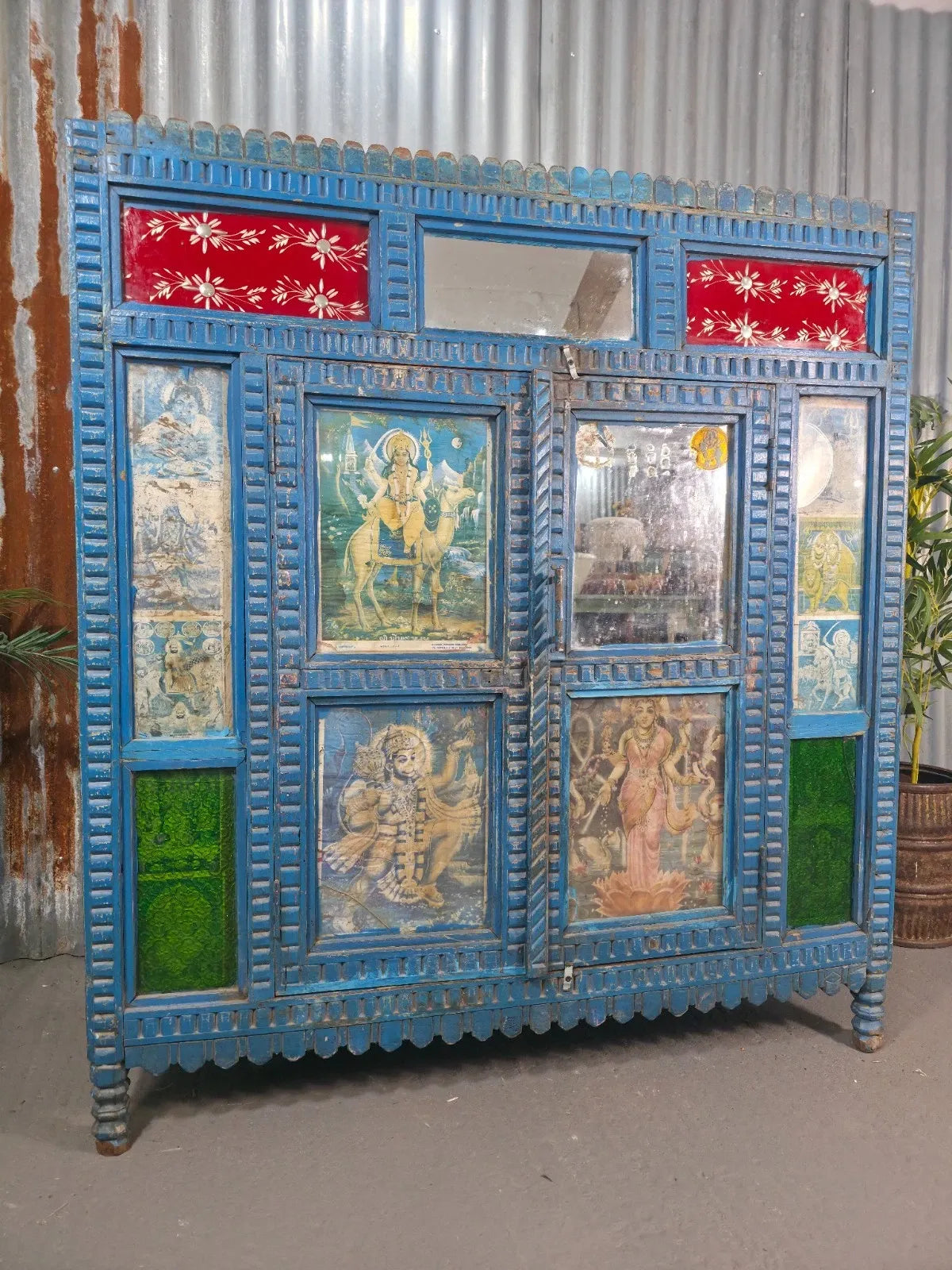 Blue Vintage Indian Glazed Colonial Wooden Kitchen Bathroom Drinks Cocktail Cabinet