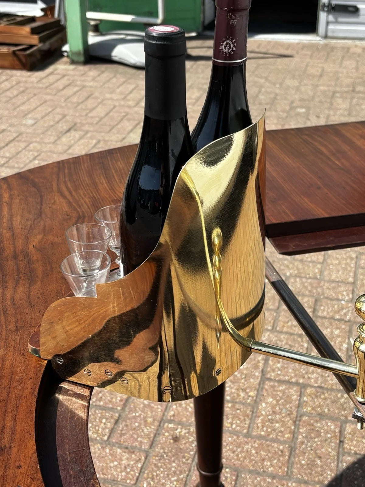 Mahogany Horseshoe Hunt Wine Tasting Social Table, Folds Down & with Storage.