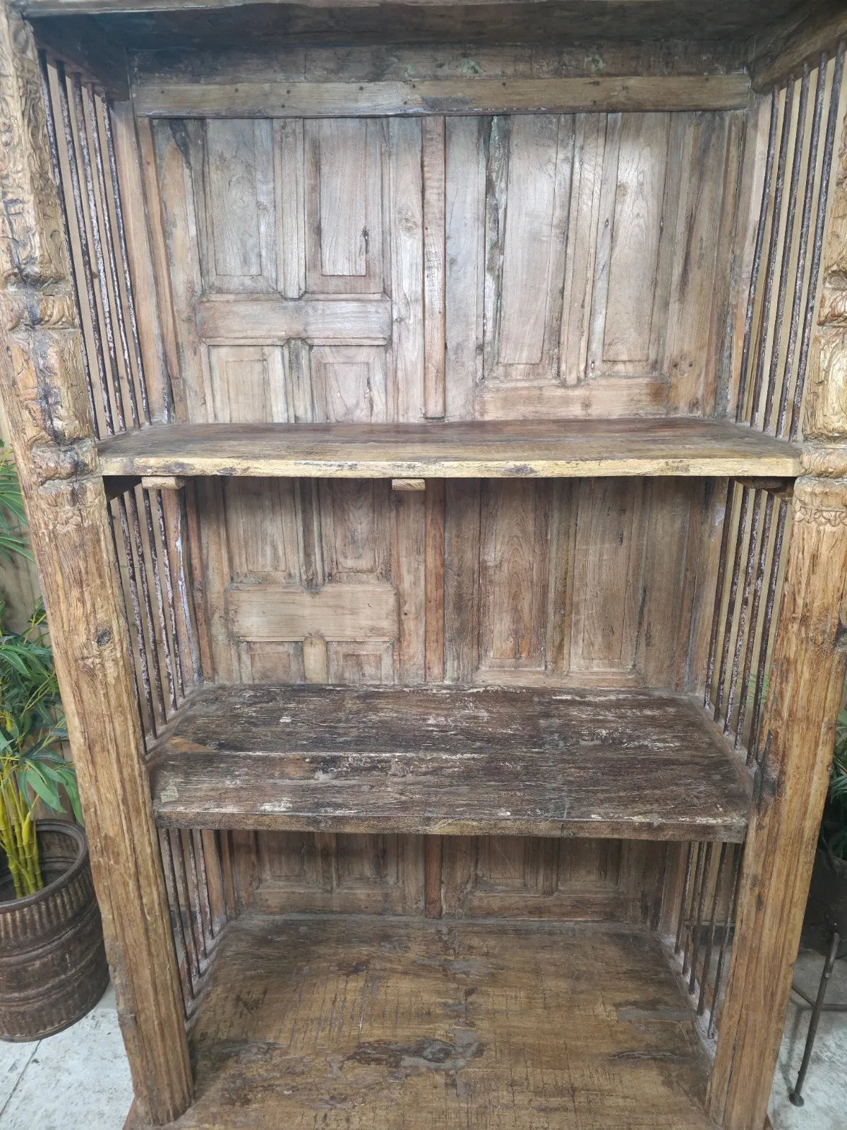 Large Vintage Reclaimed Rustic Carved Indian Solid Wooden Bookcase Shelving Unit