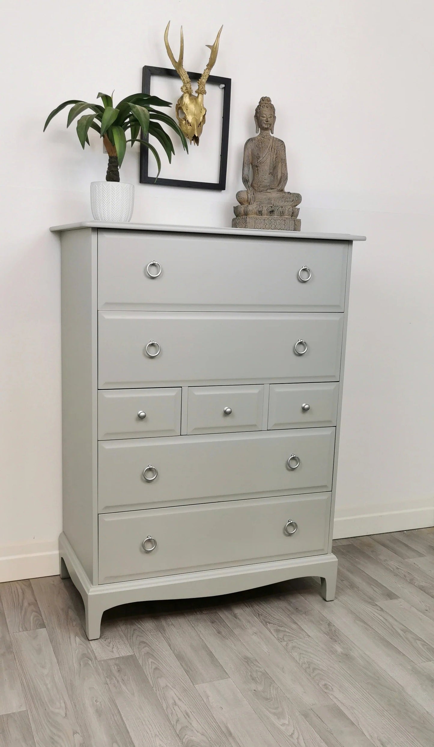 Stag minstrel white tallboy 7 drawer chest of drawers, professionally sprayed grey