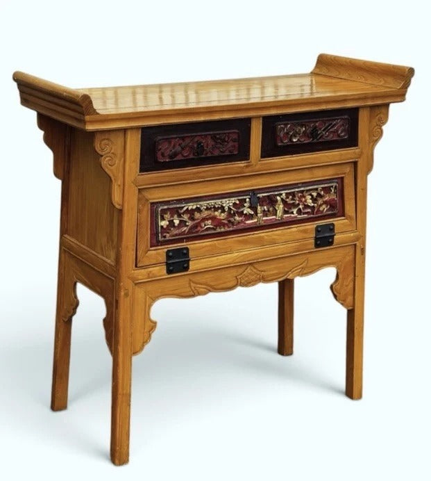 Vintage Oriental Console Table With 2 Drawers And A Cupboard.