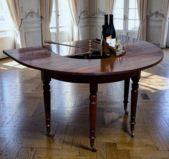 Mahogany Horseshoe Hunt Wine Tasting Social Table, Folds Down & with Storage.