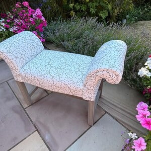 Window Seat, Scroll Armed Bench, Upholstered Cream Willow Fabric Hallway Chair