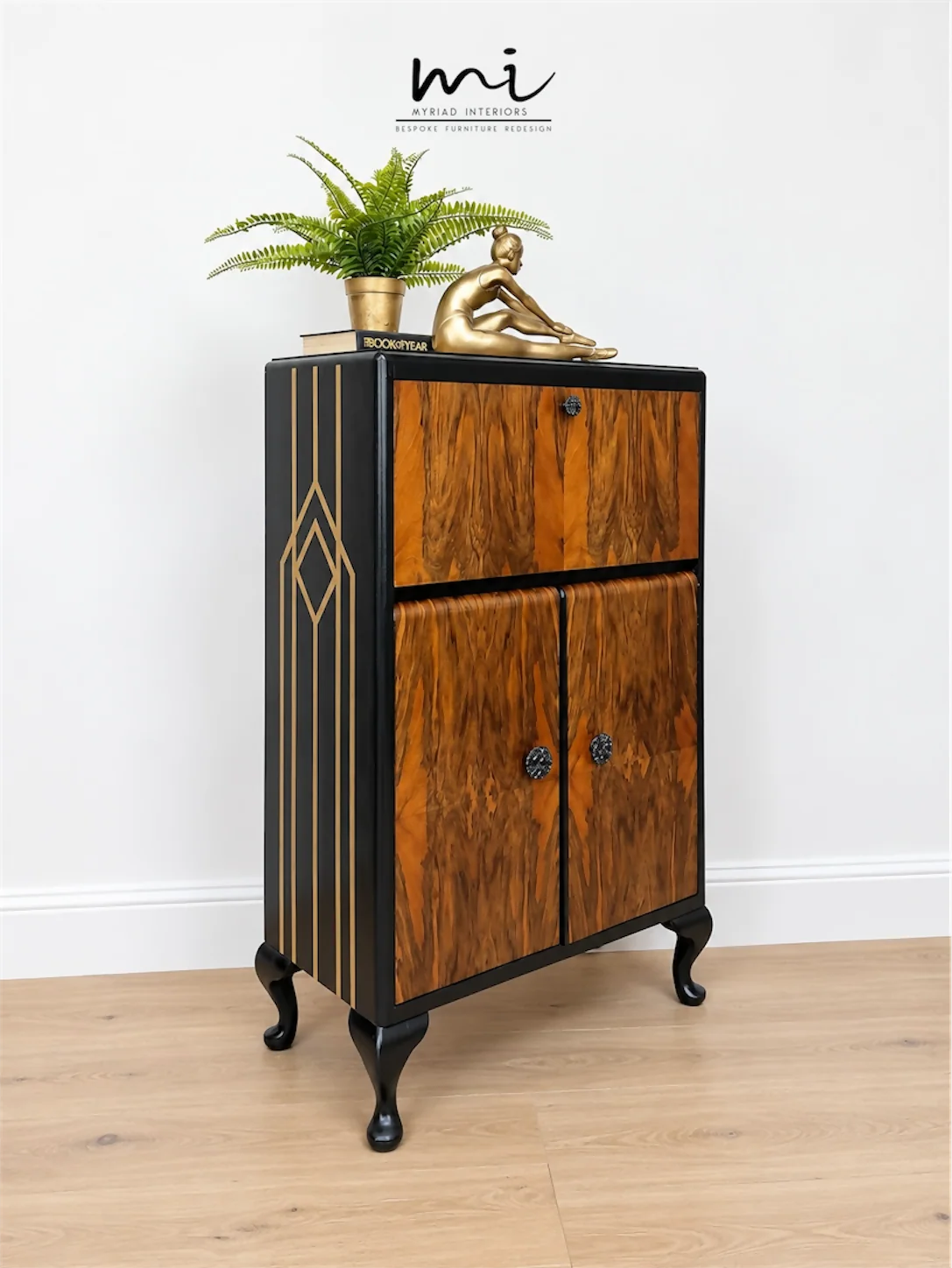 Art Deco Burl Walnut Petit Cocktail Cabinet, Black and Gold, Vintage Drinks Cabinet