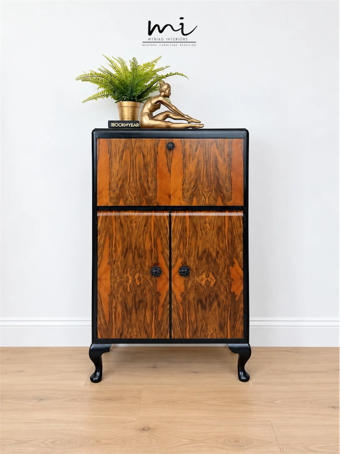 Art Deco Burl Walnut Petit Cocktail Cabinet, Black and Gold, Vintage Drinks Cabinet
