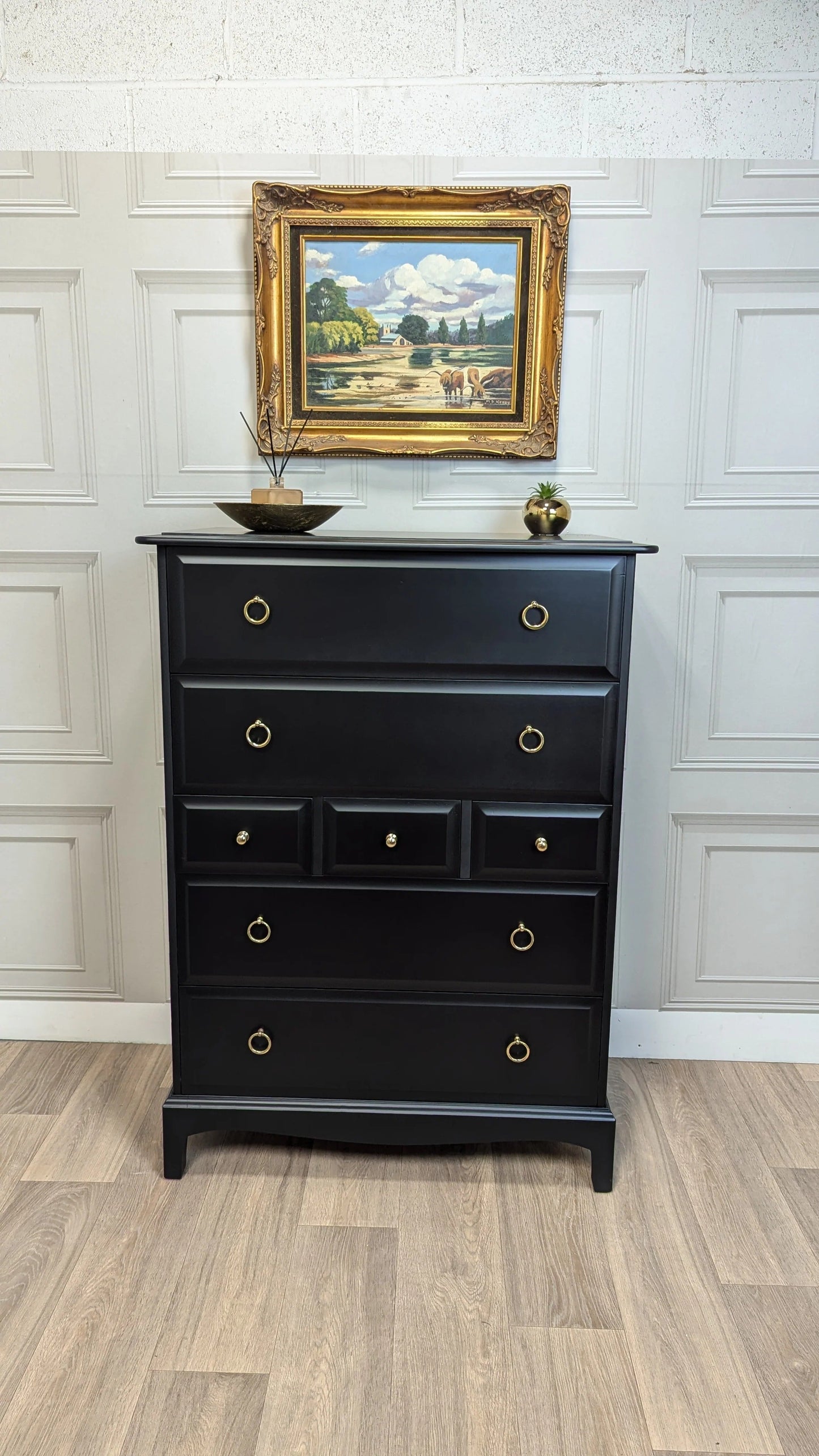 Stag minstrel black tallboy 7 drawer chest of drawers, professionally sprayed black