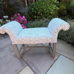 Window Seat, Scroll Armed Bench, Upholstered Cream Willow Fabric Hallway Chair