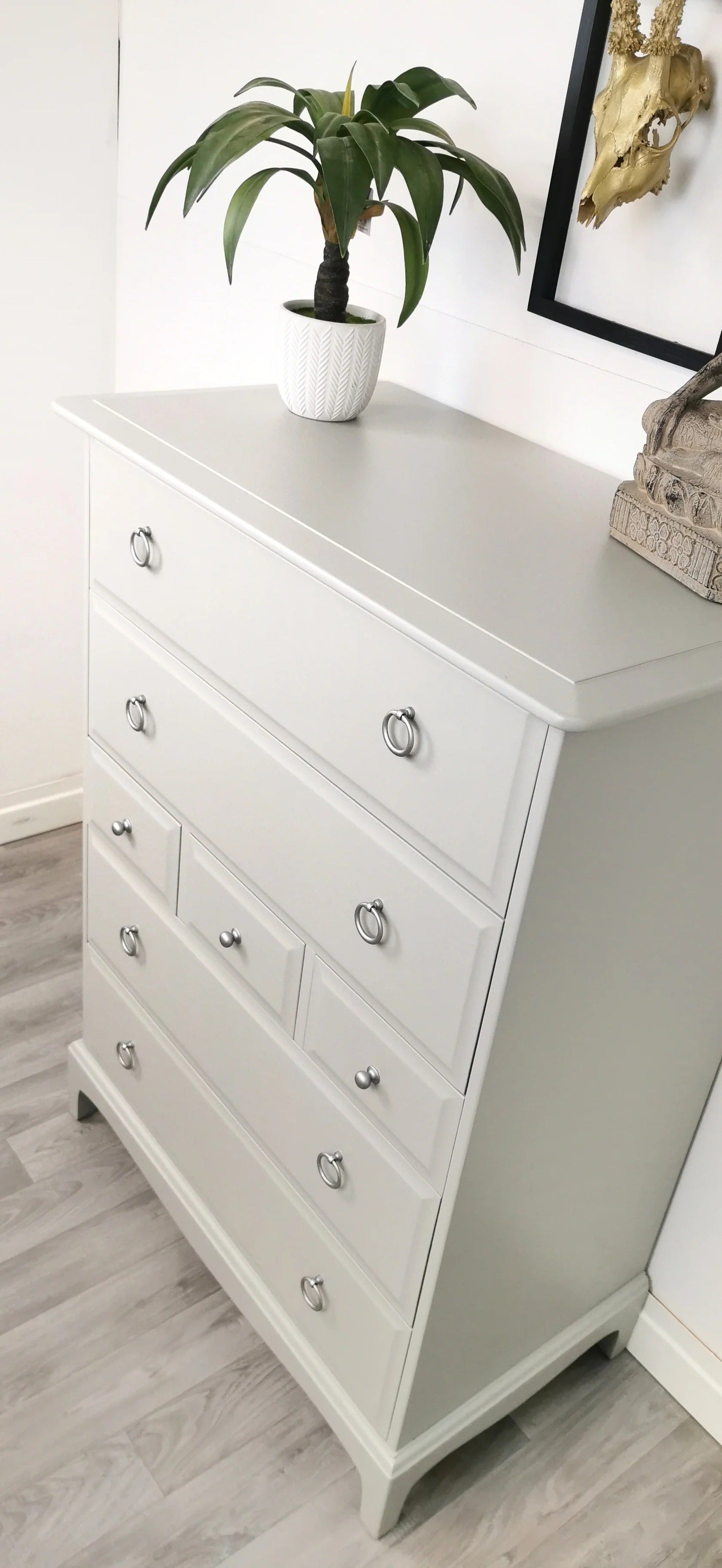 Stag minstrel white tallboy 7 drawer chest of drawers, professionally sprayed grey