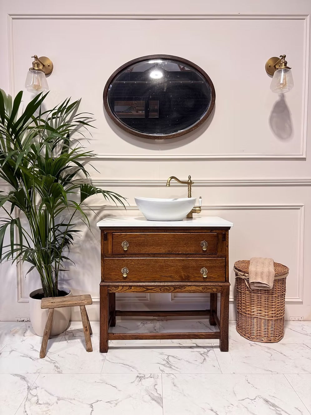 Oak Vintage Bathroom Vanity Unit With Basin